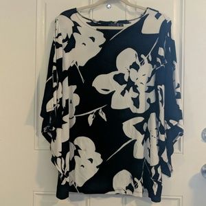 Black and White Floral Bell Sleeve Blouse